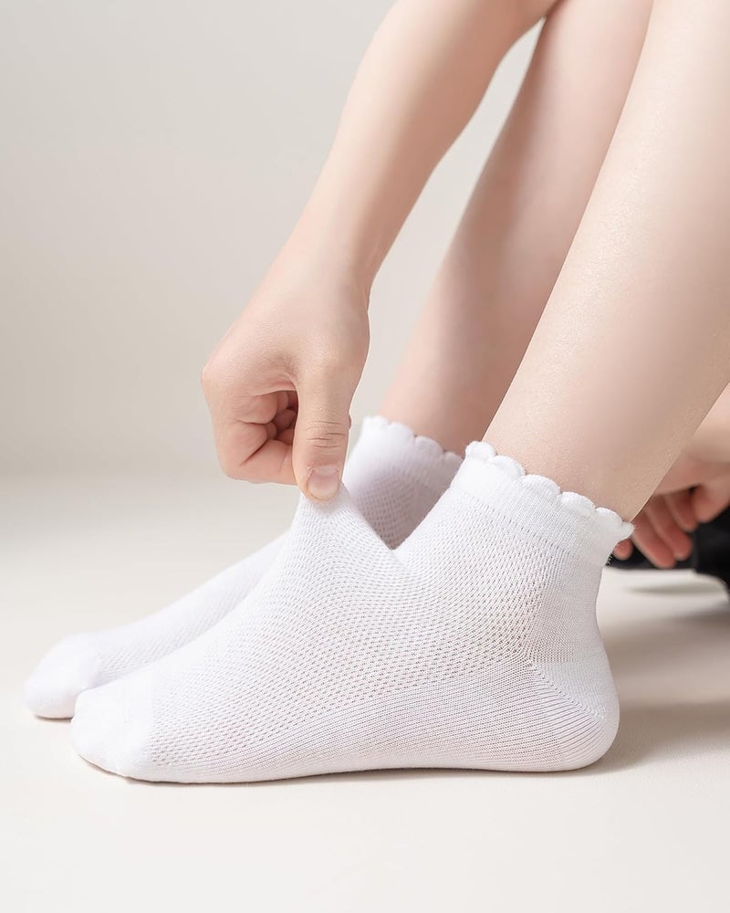 Funjoon Girls White Ruffle Socks School Uniform Kids Cotton Crew Ankle Cute Frilly Dress Socks 6 Pack - Image 4
